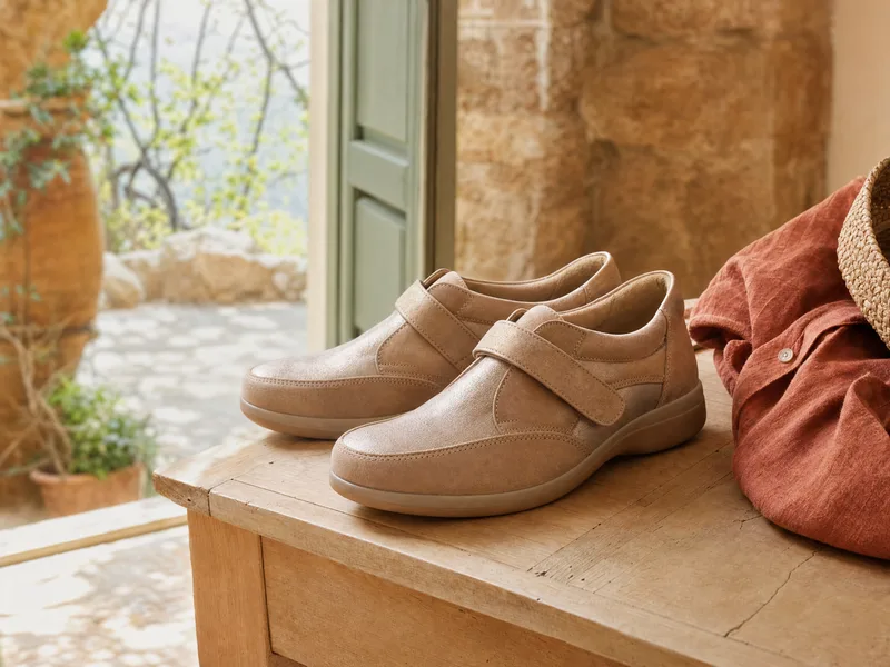 Chaussures orthopédiques larges adaptées à un hallux valgus, présentées dans une lumière douce