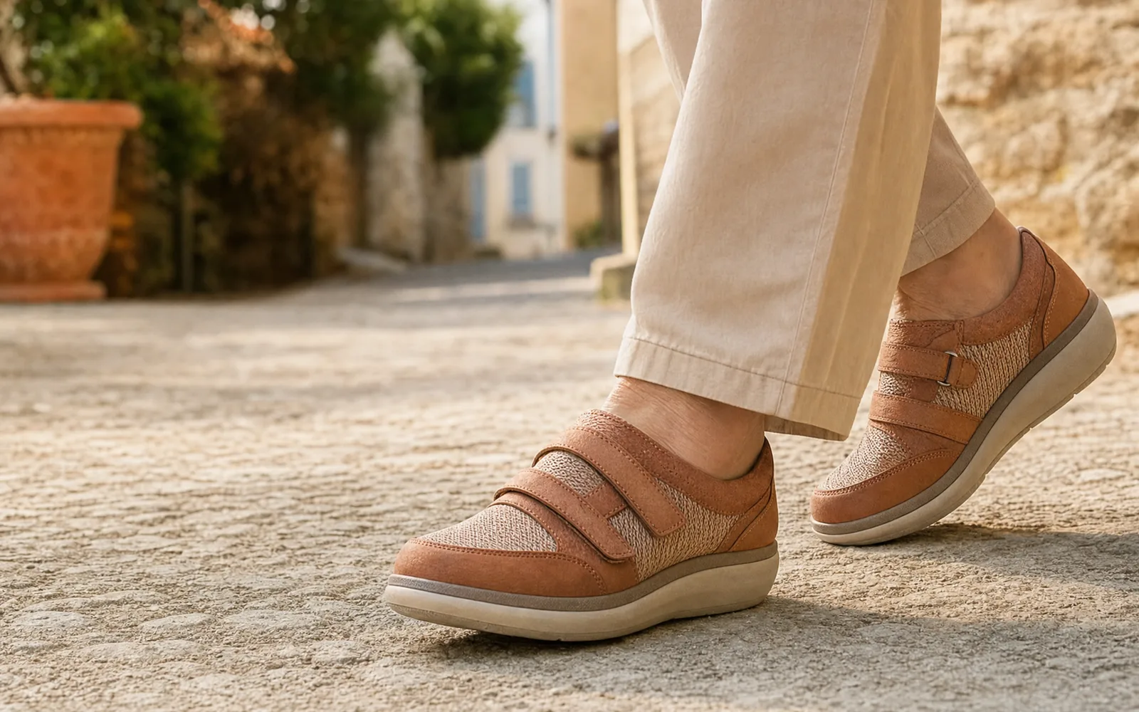Chaussures orthopédiques confortables portées lors d’une marche extérieure ensoleillée, ambiance chaleureuse beige et terracotta